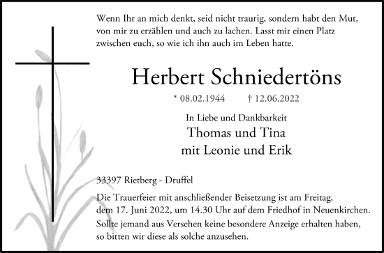 Traueranzeige von Herbert Schniedertöns von Die Glocke