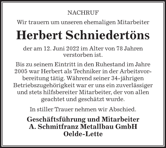 Traueranzeige von Herbert Schniedertöns von Die Glocke