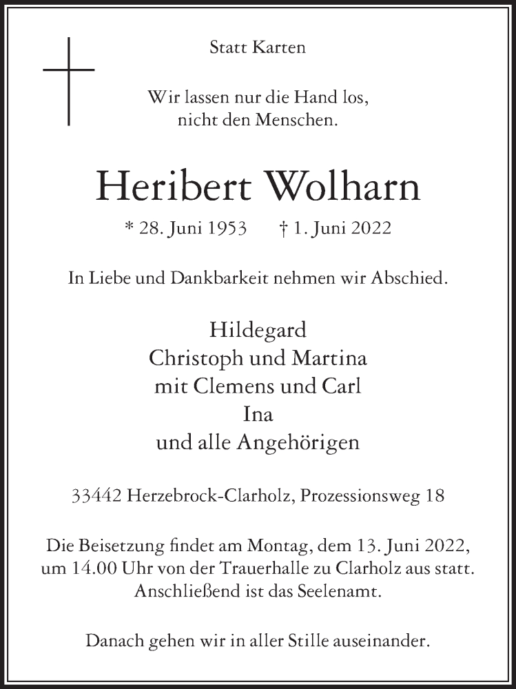  Traueranzeige für Heribert Wolharn vom 04.06.2022 aus Die Glocke