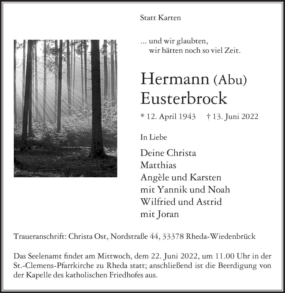  Traueranzeige für Hermann Eusterbrock vom 18.06.2022 aus Die Glocke