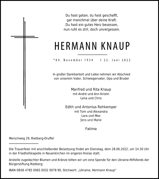 Traueranzeige von Hermann Knaup von Die Glocke