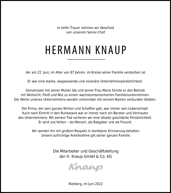 Traueranzeige von Hermann Knaup von Die Glocke
