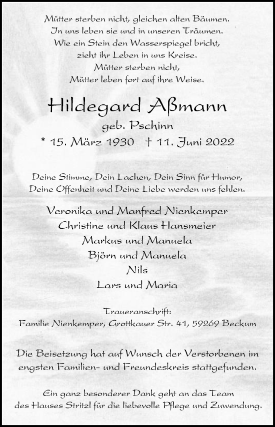 Traueranzeige von Hildegard Aßmann von Die Glocke