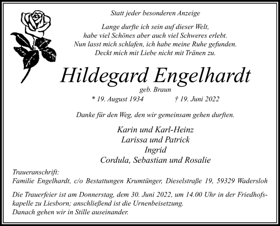 Traueranzeige von Hildegard Engelhardt von Die Glocke