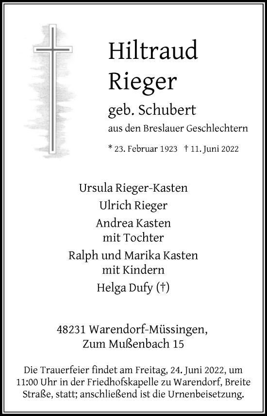 Traueranzeige von Hiltraud Rieger von Die Glocke