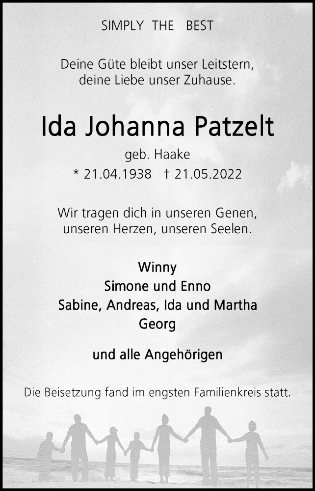  Traueranzeige für Ida Johanna Patzelt vom 04.06.2022 aus Die Glocke