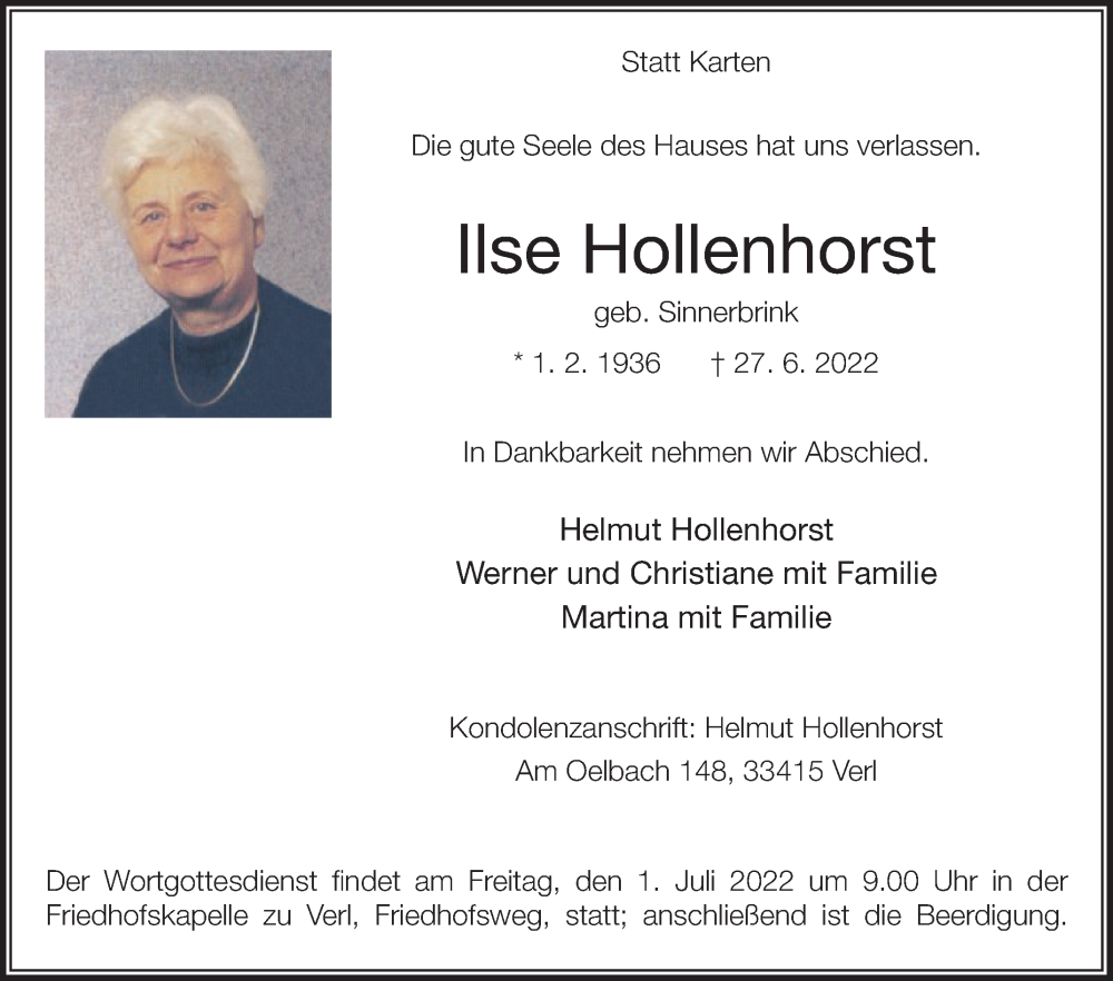  Traueranzeige für Ilse Hollenhorst vom 29.06.2022 aus Die Glocke