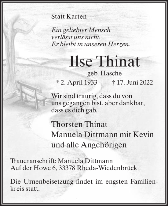 Traueranzeige von Ilse Thinat von Die Glocke