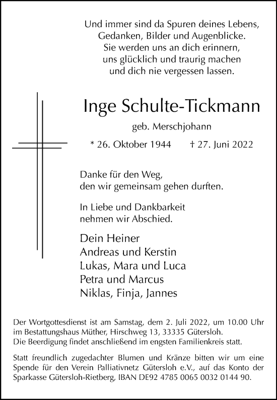 Traueranzeige von Inge Schulte-Tickmann von Die Glocke