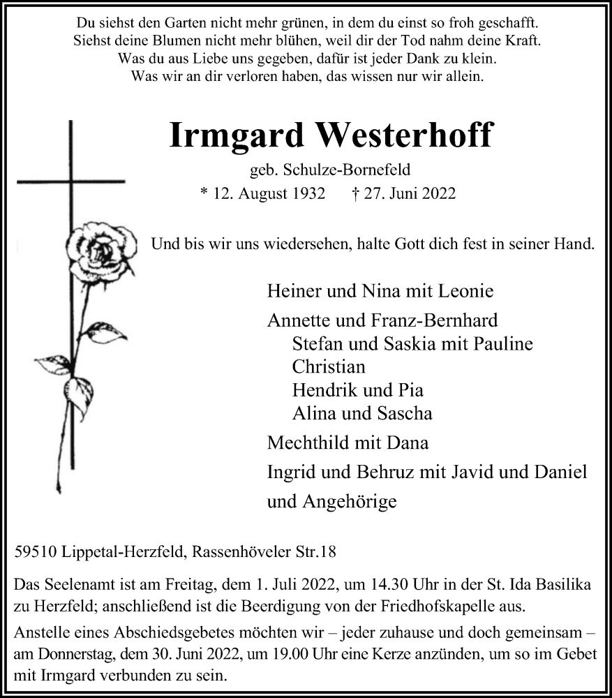  Traueranzeige für Irmgard Westerhoff vom 30.06.2022 aus Die Glocke