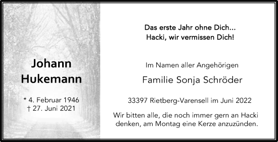 Traueranzeige von Johann Hukemann von Die Glocke