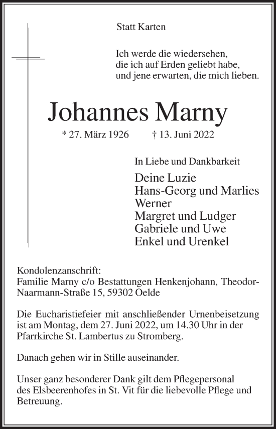 Traueranzeige von Johannes Marny von Die Glocke