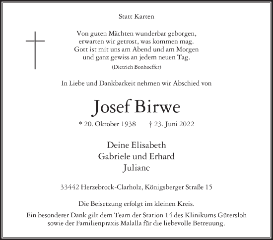 Traueranzeige von Josef Birwe von Die Glocke