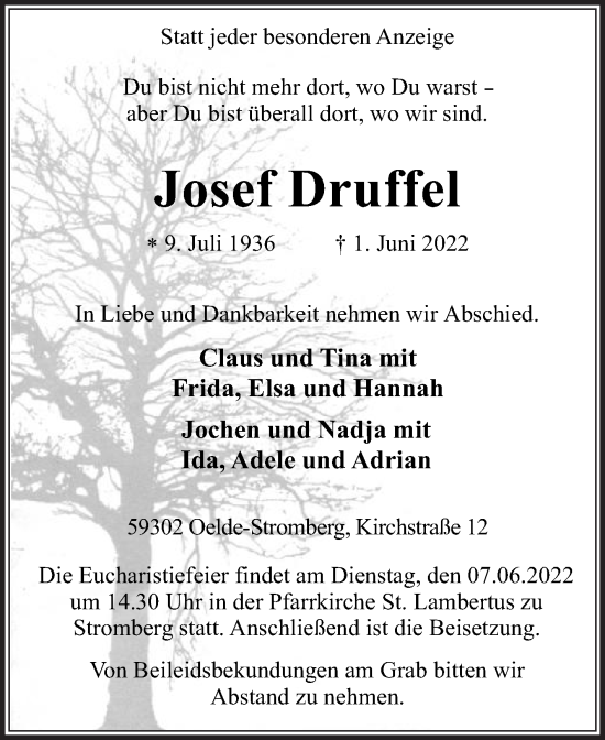 Traueranzeige von Josef Druffel von Die Glocke