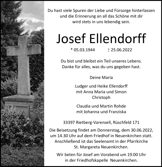 Traueranzeige von Josef Ellendorff von Die Glocke