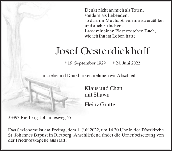 Traueranzeige von Josef Oesterdiekhoff von Die Glocke