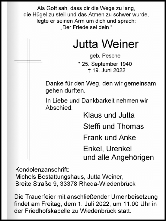 Traueranzeige von Jutta Weiner von Die Glocke