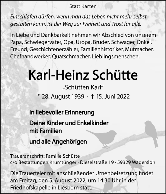 Traueranzeige von Karl-Heinz Schütte von Die Glocke