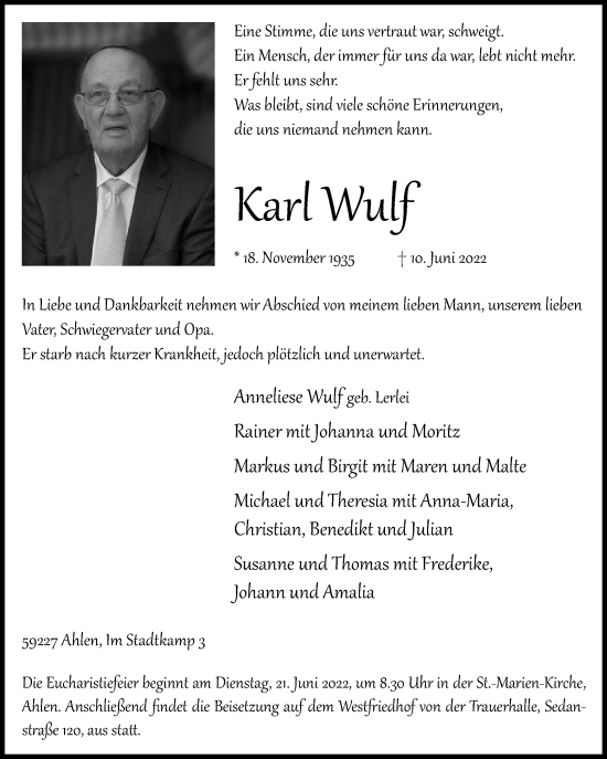 Traueranzeige von Karl Wulf von Die Glocke