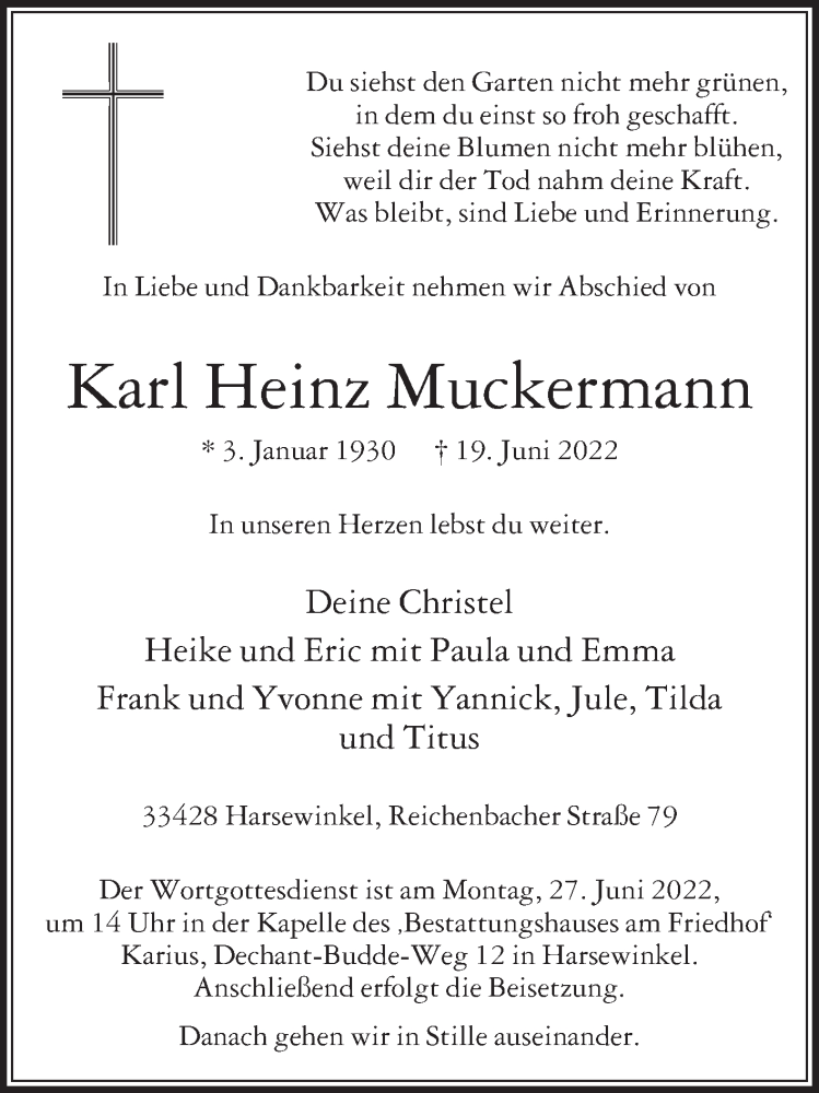  Traueranzeige für Karl Heinz Muckermann vom 22.06.2022 aus Die Glocke