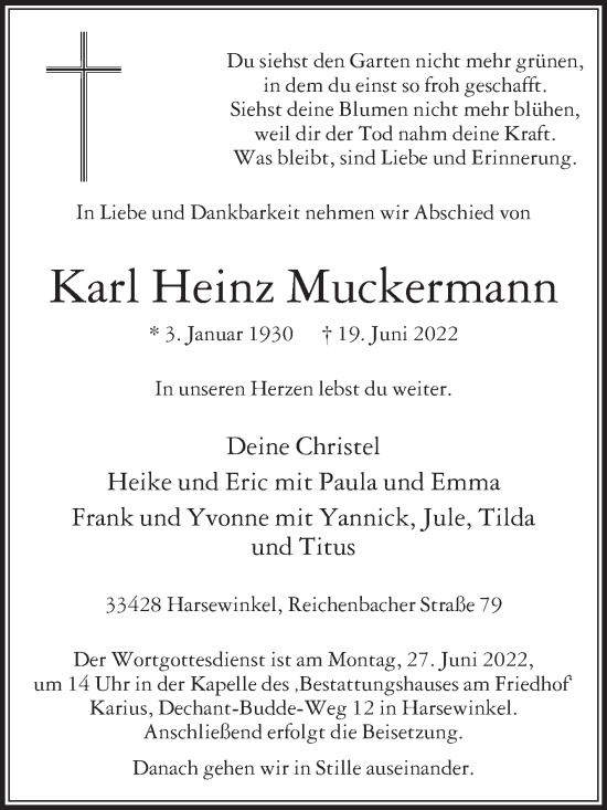 Traueranzeige von Karl Heinz Muckermann von Die Glocke