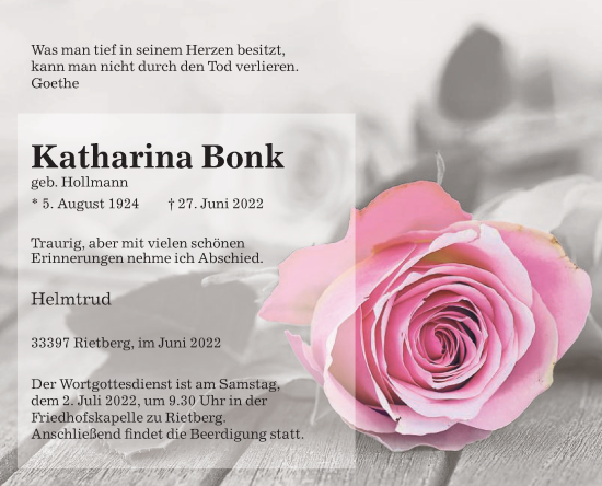Traueranzeige von Katharina Bonk von Die Glocke