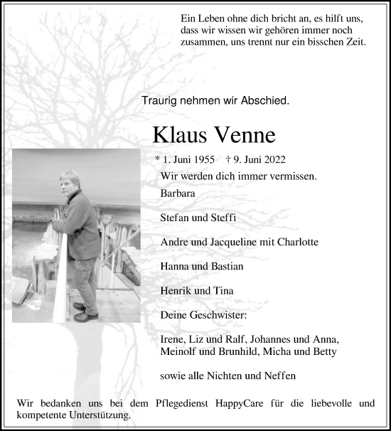Traueranzeige von Klaus Venne von Die Glocke