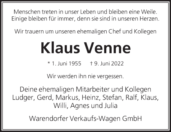 Traueranzeige von Klaus Venne von Die Glocke