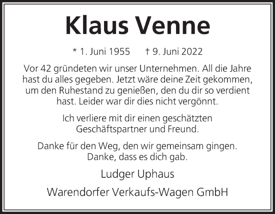 Traueranzeige von Klaus Venne von Die Glocke