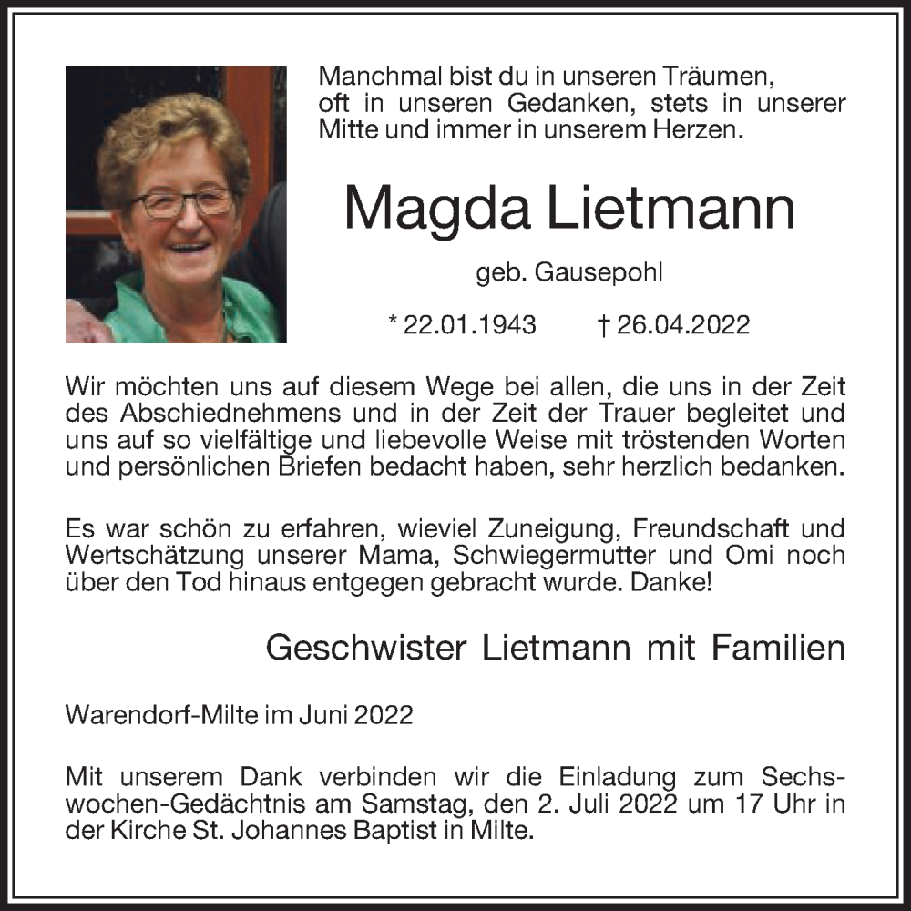  Traueranzeige für Magda Lietmann vom 25.06.2022 aus Die Glocke