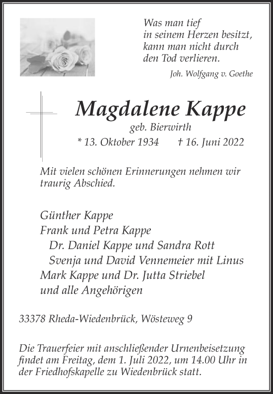 Traueranzeige von Magdalene Kappe von Die Glocke
