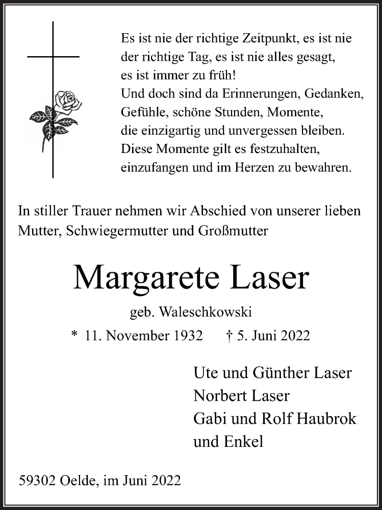  Traueranzeige für Margarete Laser vom 08.06.2022 aus Die Glocke