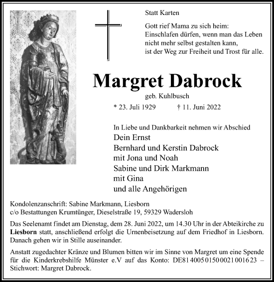 Traueranzeige von Margret Dabrock von Die Glocke