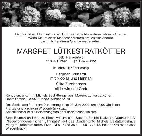 Traueranzeige von Margret Lütkestratkötter von Die Glocke
