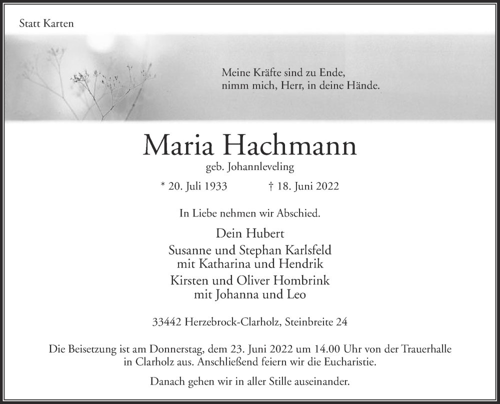  Traueranzeige für Maria Hachmann vom 21.06.2022 aus Die Glocke