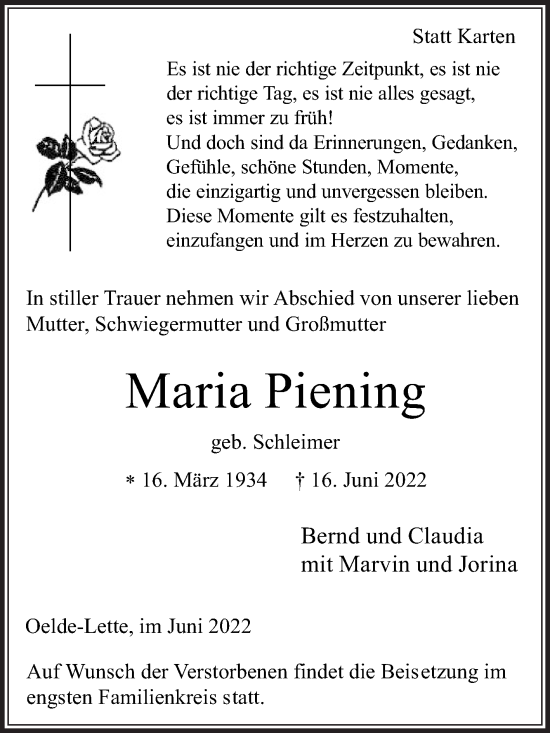 Traueranzeige von Maria Piening von Die Glocke