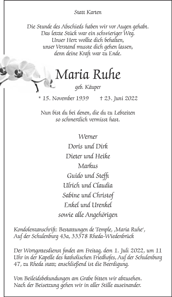 Traueranzeige von Maria Ruhe von Die Glocke