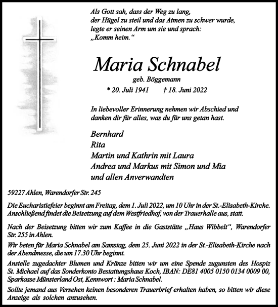 Traueranzeige von Maria Schnabel von Die Glocke