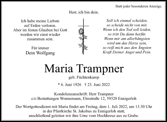 Traueranzeige von Maria Trampner von Die Glocke