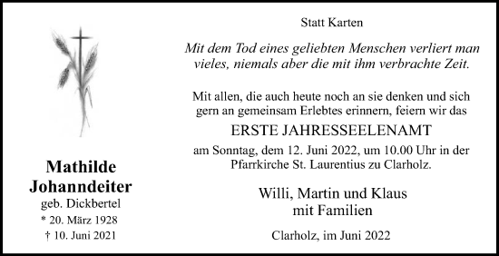 Traueranzeige von Mathilde Johanndeiter von Die Glocke