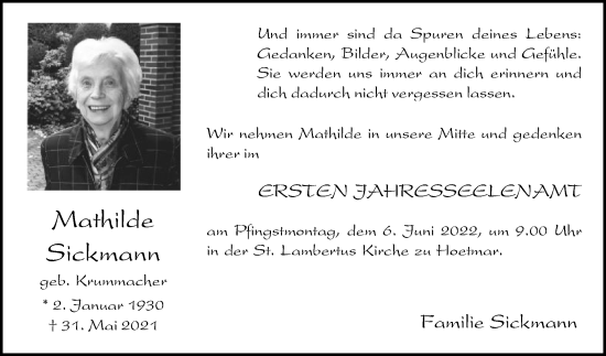 Traueranzeige von Mathilde Sickmann von Die Glocke