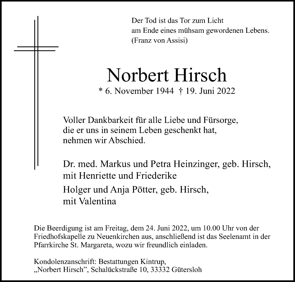  Traueranzeige für Norbert Hirsch vom 21.06.2022 aus Die Glocke
