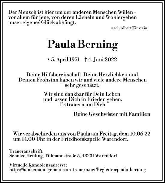 Traueranzeige von Paula Berning von Die Glocke
