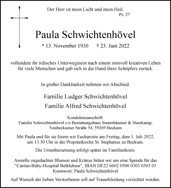 Traueranzeige von Paula Schwichtenhövel von Die Glocke