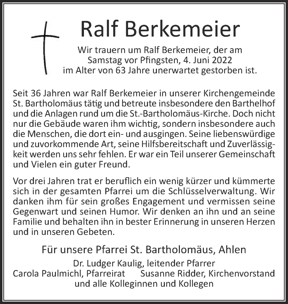  Traueranzeige für Ralf Berkemeier vom 15.06.2022 aus Die Glocke