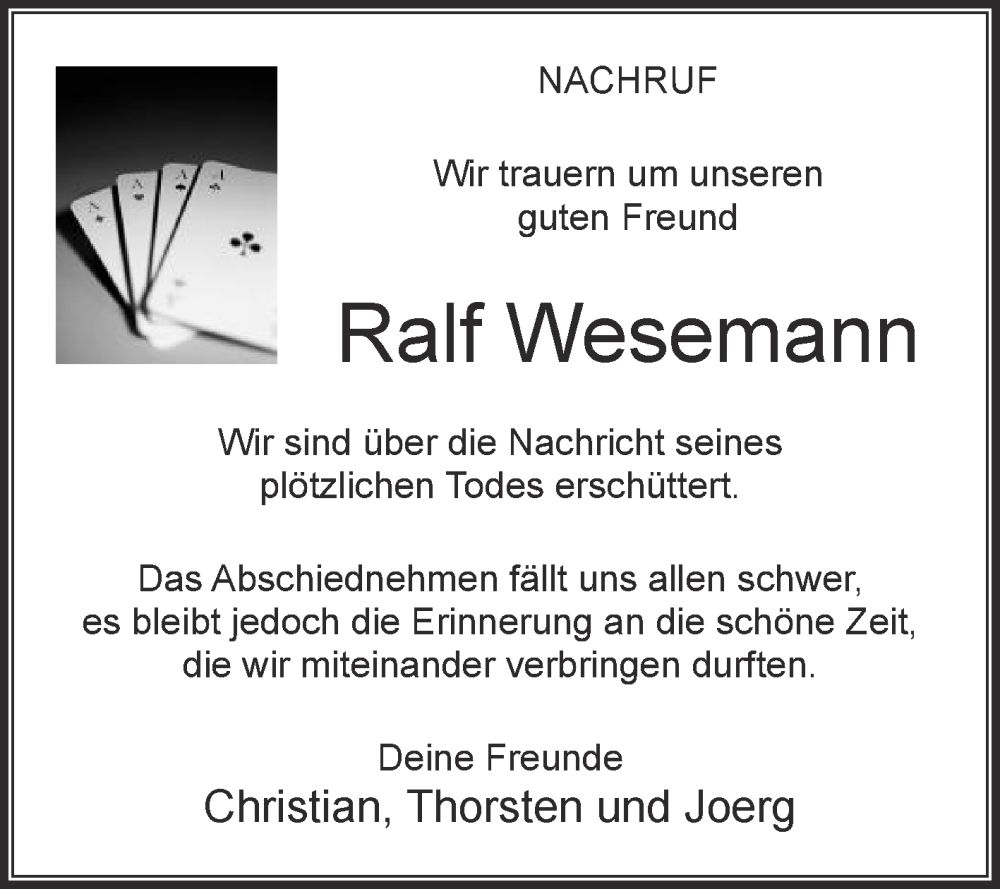  Traueranzeige für Ralf Wesemann vom 04.06.2022 aus Die Glocke