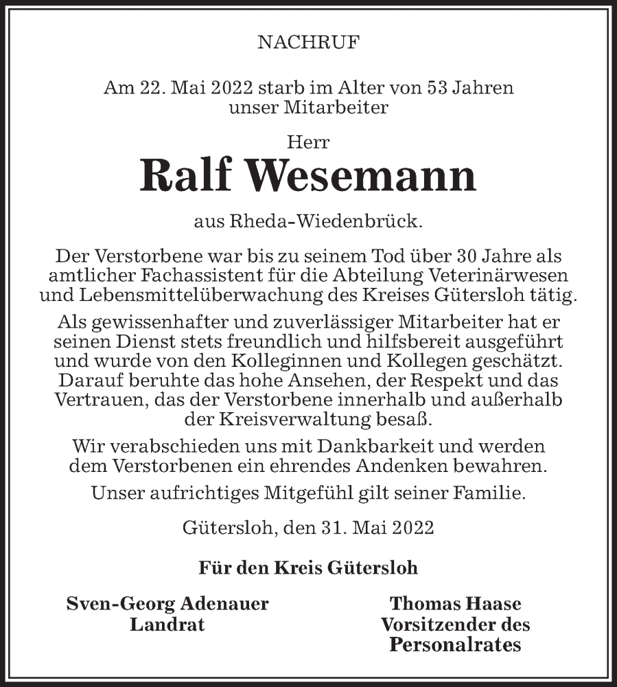  Traueranzeige für Ralf Wesemann vom 04.06.2022 aus Die Glocke