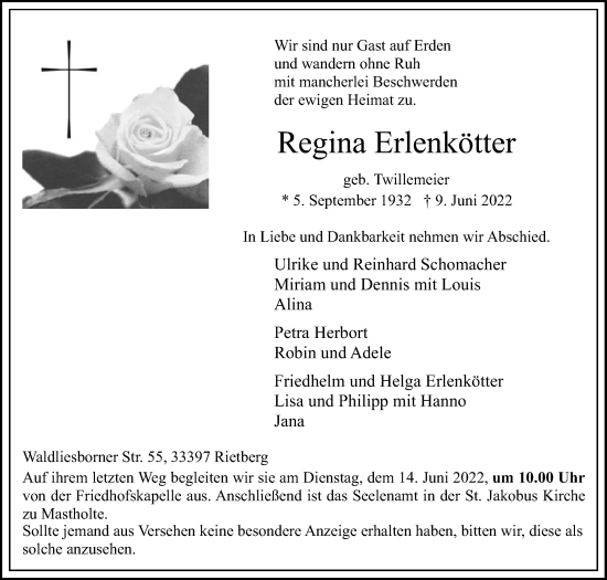 Traueranzeige von Regina Erlenkötter von Die Glocke