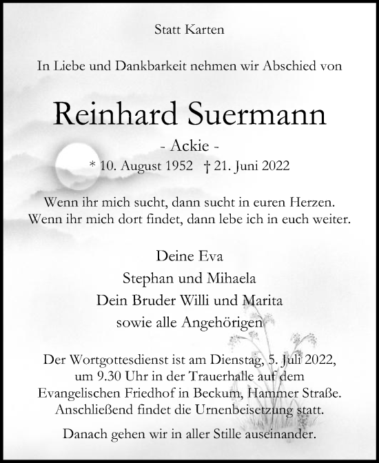 Traueranzeige von Reinhard Suermann von Die Glocke