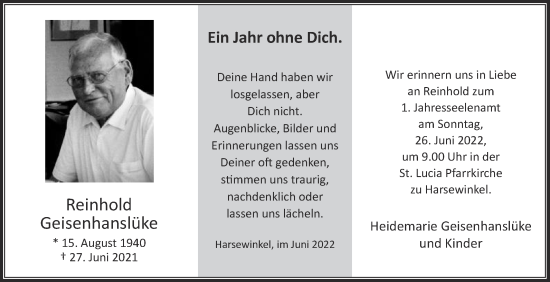 Traueranzeige von Reinhold Geisenhanslüke von Die Glocke